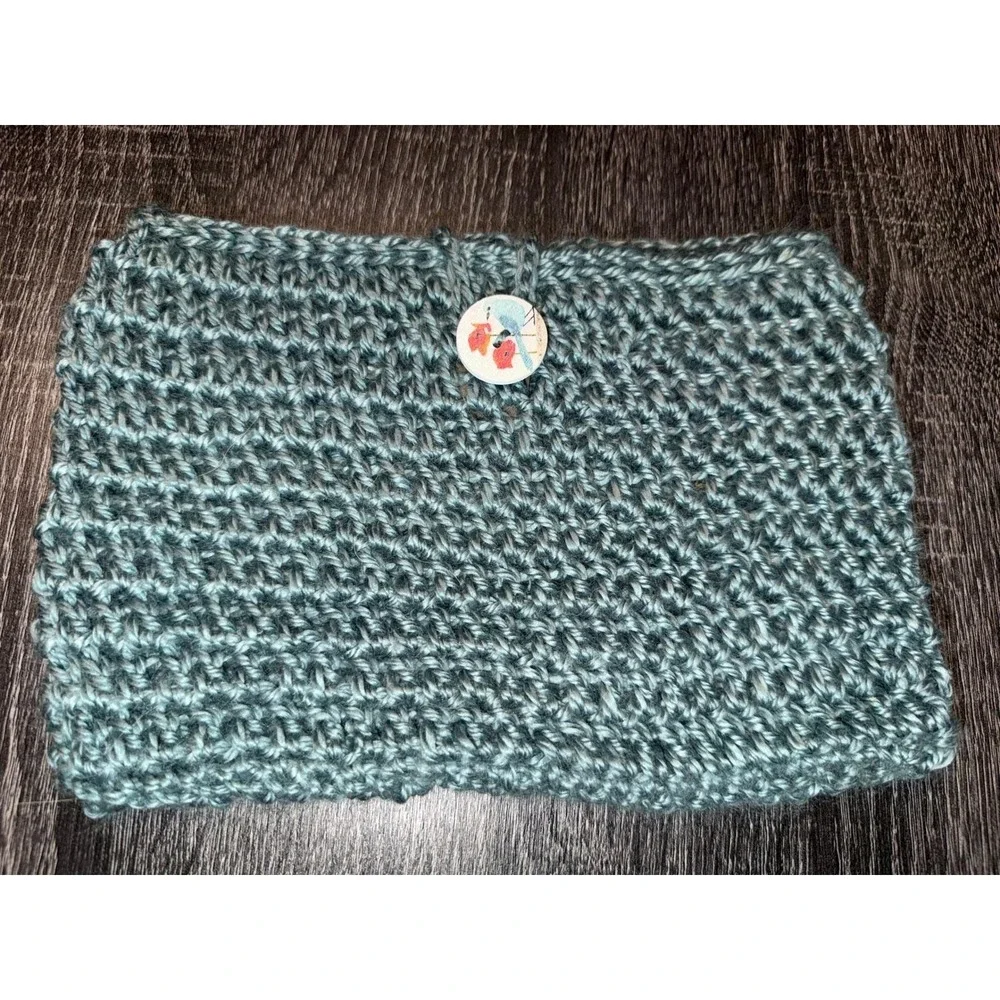 Handmade‎ Crochet Book Cover Sleeve Journal Protector Teal Blue Button Closure